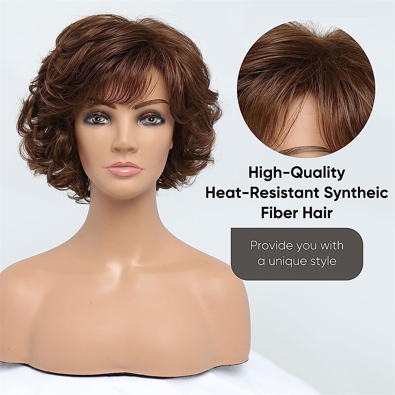 Short Curly Dark Brown Wigs for Old Lady Layered Curly Wig with Bangs Wavy Brown Wig with Dark Roots Natural Synthetic Hair for Carnival Party4