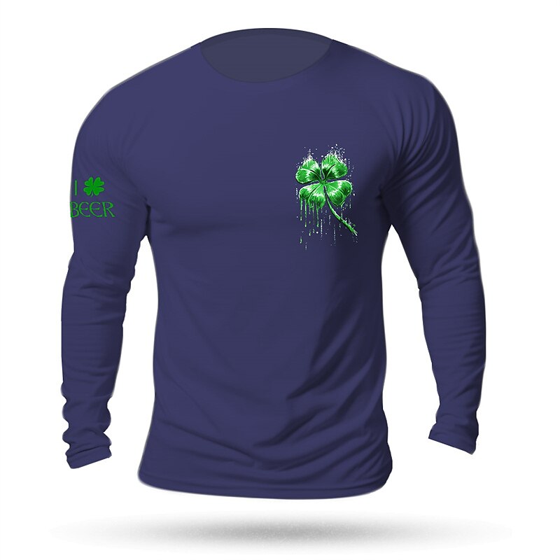 St.Patrick's Day Four Leaf Clover Saint Patrick Day Black White Dark Blue T shirt Tee Men's Graphic Cotton Shirt Vintage Basic Shirt Long Sleeve Comfortable Tee Sports Outdoor Holiday Spring Fall2