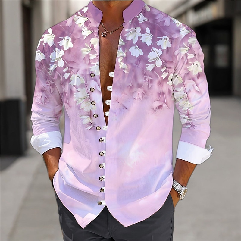Men's Floral Shirt Linen Shirt Aloha Shirt Long Sleeve Casual Daily Wear Going out Weekend Spring Standing Collar Print Button-Down Blue Purple Green