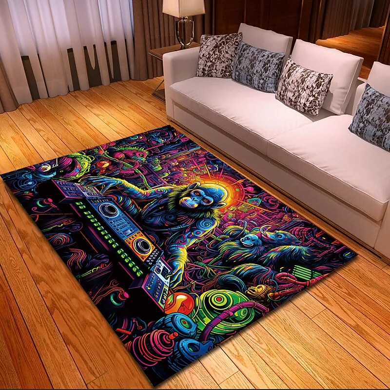 Blacklight Rug UV Reactive Glow in the Dark Area Rug Kitchen Mat Non-Slip Oil Proof Chimpanzees DJ Floor Mat Livingroom Rug Indoor Outdoor Mat Bedroom Decor Bathroom Mat Entrance Rug Door Mat2