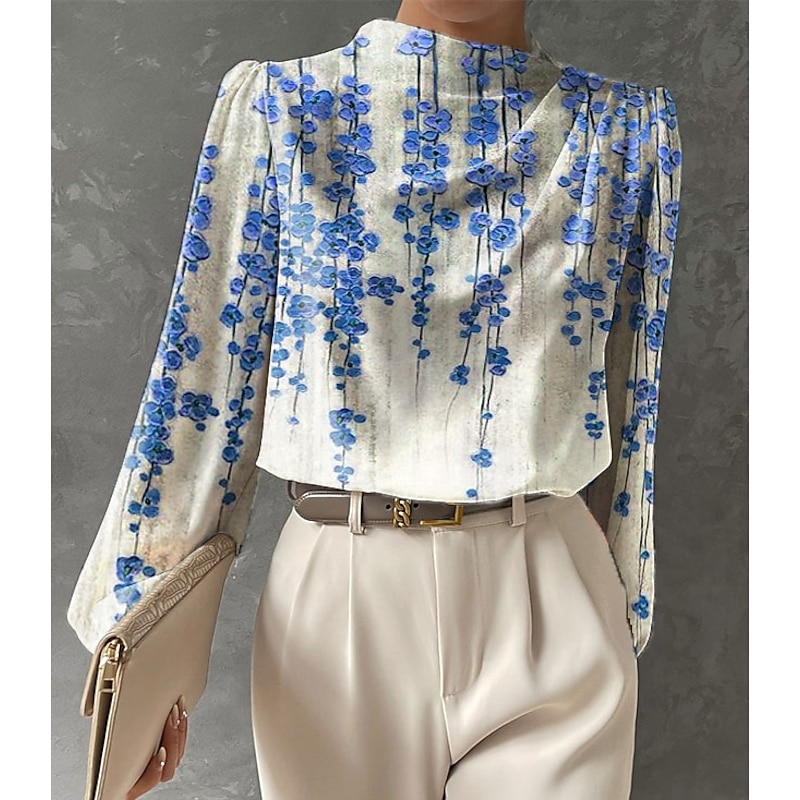 Women's Blouse Long Sleeve Fashion Floral Print Regular Tops Round Neck Work Yellow Red Blue Green Spring &  Fall2