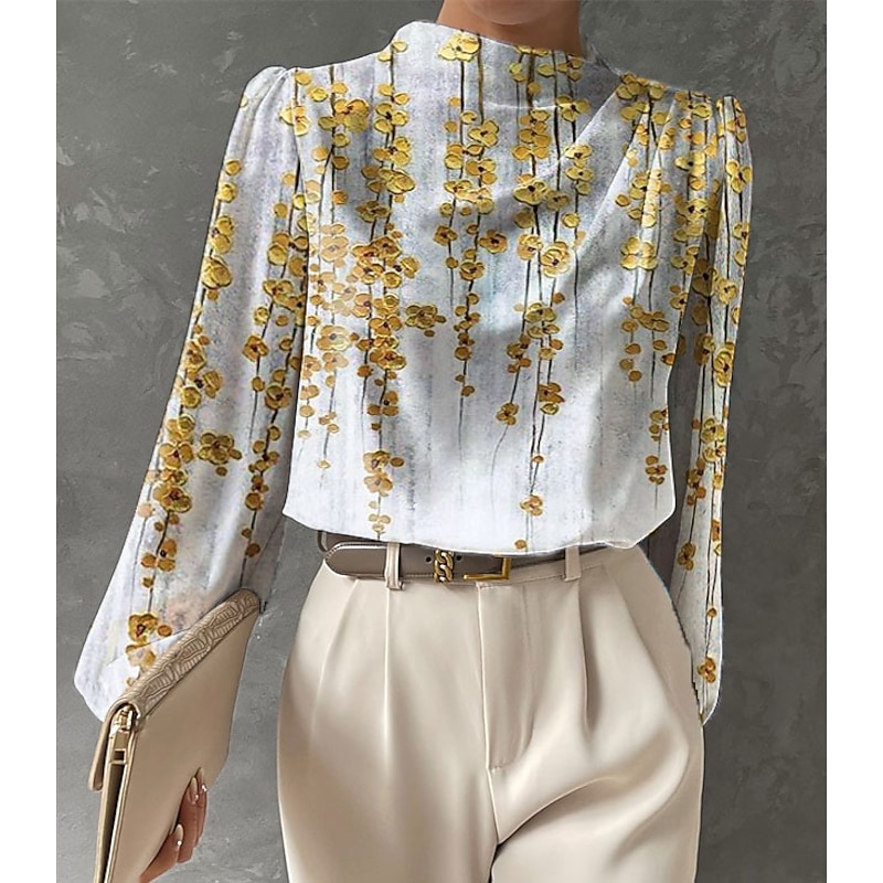 Women's Blouse Long Sleeve Fashion Floral Print Regular Tops Round Neck Work Yellow Red Blue Green Spring &  Fall