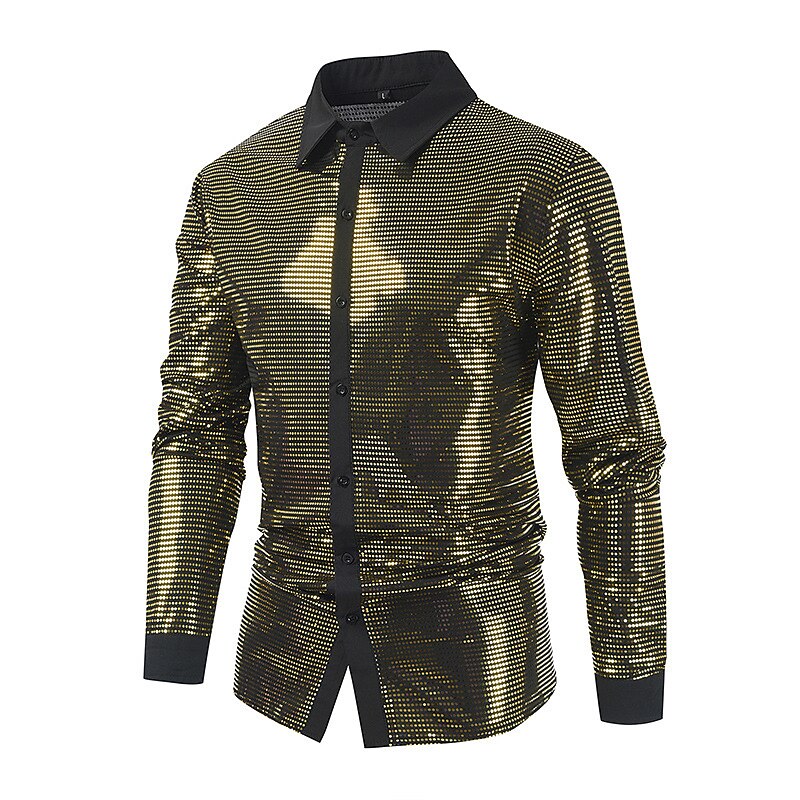 Retro Vintage 1980s Shiny Metallic Shirt Disco Sequins Turndown Fancy Dress Men's Carnival Costume Carnival Performance Club Pride Parade Adults' Shirt All Seasons