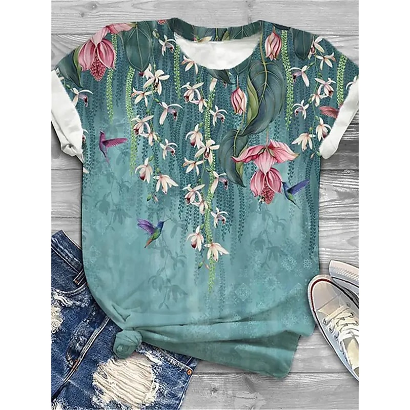 Women's T Shirt Fashion Floral Print Short Sleeve Regular Tops Round Neck Holiday Weekend Yellow Pink Blue Purple Green Spring & Summer3