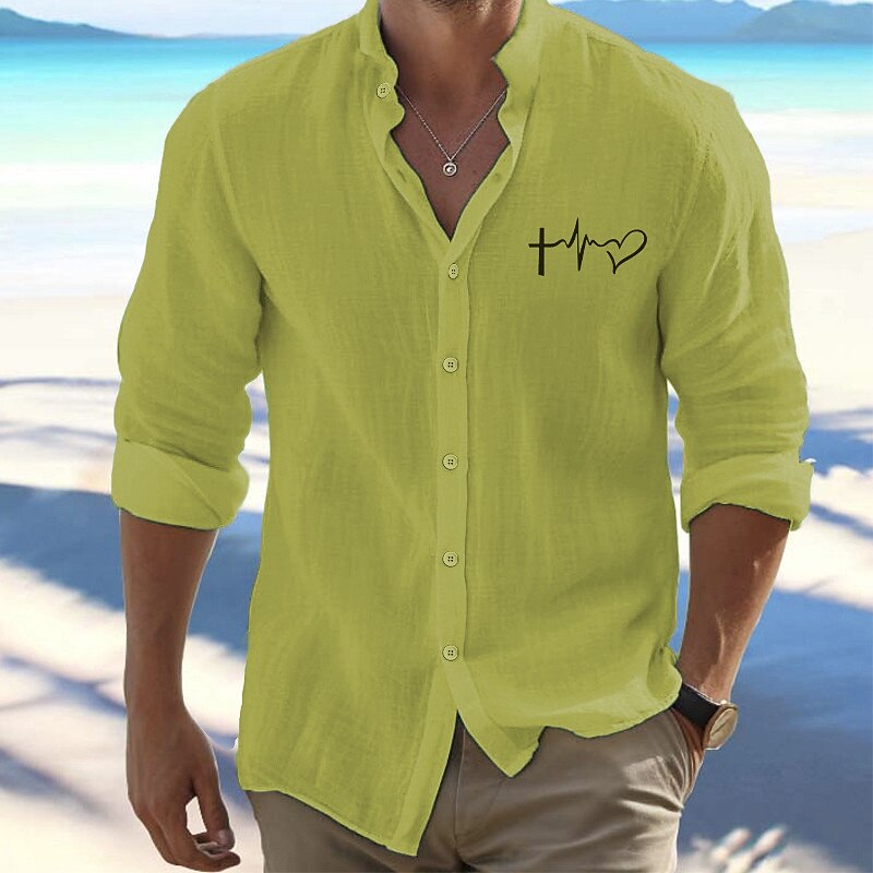 Men's Shirt Beach Shirt Button Up Shirt Valentine's Day Outdoor Vacation Black White Pink Green Long Sleeve Standing Collar Spring &  Fall Clothing Apparel Print2
