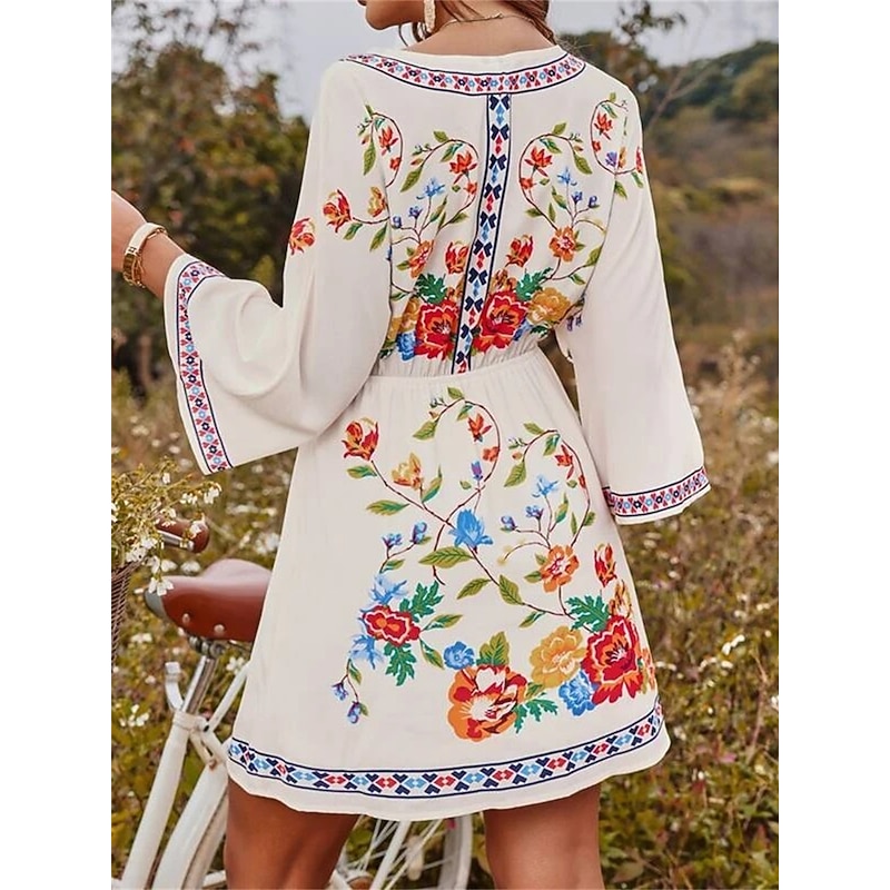 Women's Casual Dress Floral Print V Neck Mini Dress Ethnic Boho Vacation 3/4 Length Sleeve Summer Spring2