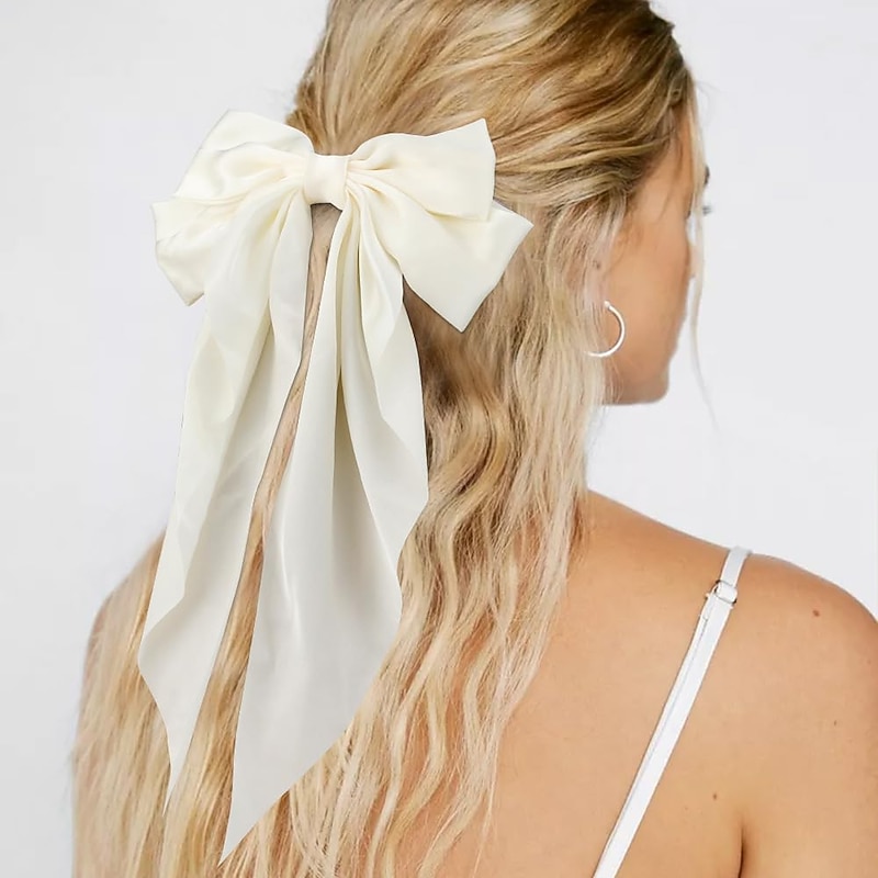 1PC Hair Bows for Women  White Hair Bow Black Hair Bow Silky Satin Hair Ribbon Oversized Long Tail Large Big Hair Bows Hair Barrettes Metal Clips2