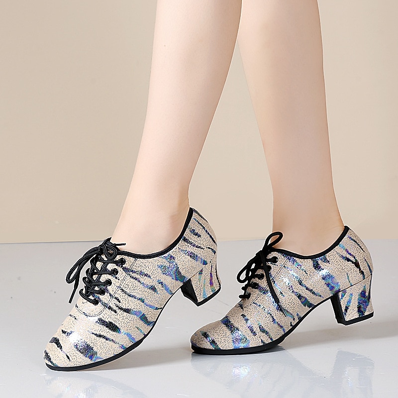 Women's Glitter Dance Shoes with Animal Print, Lace-Up Design, and Comfortable Low Heels for Ballroom, Latin, or Party4