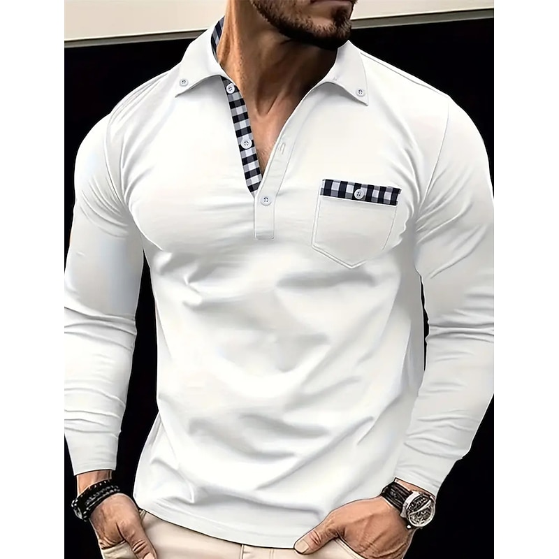 Men's Polo Shirt Button Up Polos Casual Sports Lapel Long Sleeve Fashion Basic Plaid Color Block Button Front Pocket Spring &  Fall Regular Fit Black White Navy Blue Polo Shirt