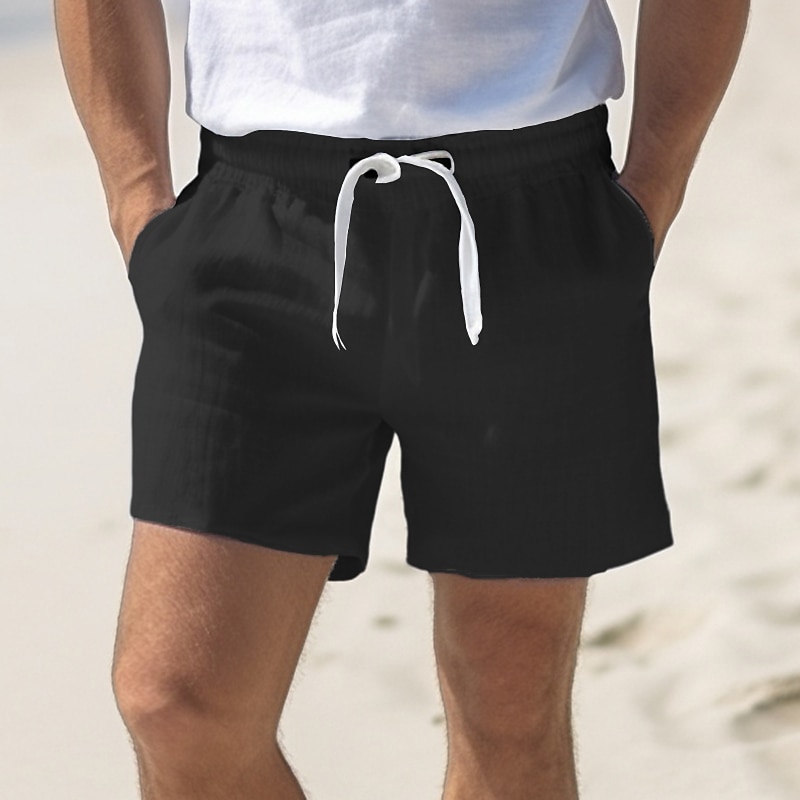 Men's Shorts Linen Shorts Summer Shorts Drawstring Pocket Elastic Waist Plain Comfort Soft Outdoor Daily Going out Fashion Casual Black White