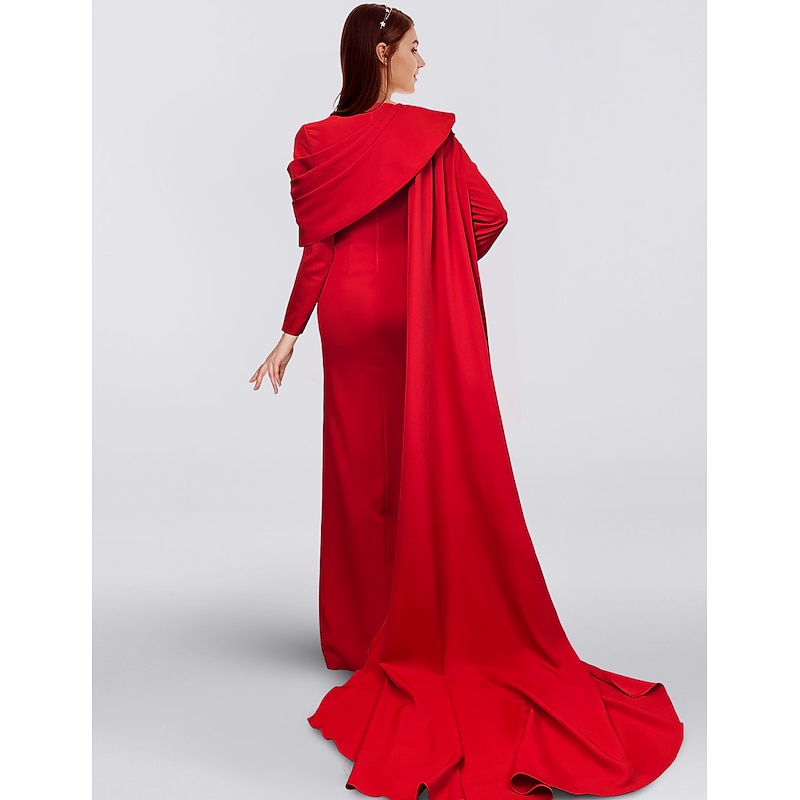 Sheath Chrismas Dress Evening Gown Elegant Cape Dress Formal Fall Sweep / Brush Train Long Sleeve Cowl Neck Stretch Fabric with Buttons Slit dress to impress stretch dress2