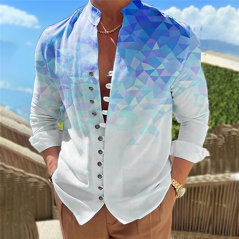 Men's Geometric Pattern Geometry Gradual Shirt Button Up Shirt Long Sleeve Casual Daily Wear Going out Weekend Spring & Summer Standing Collar Print Button-Down Pink Blue2