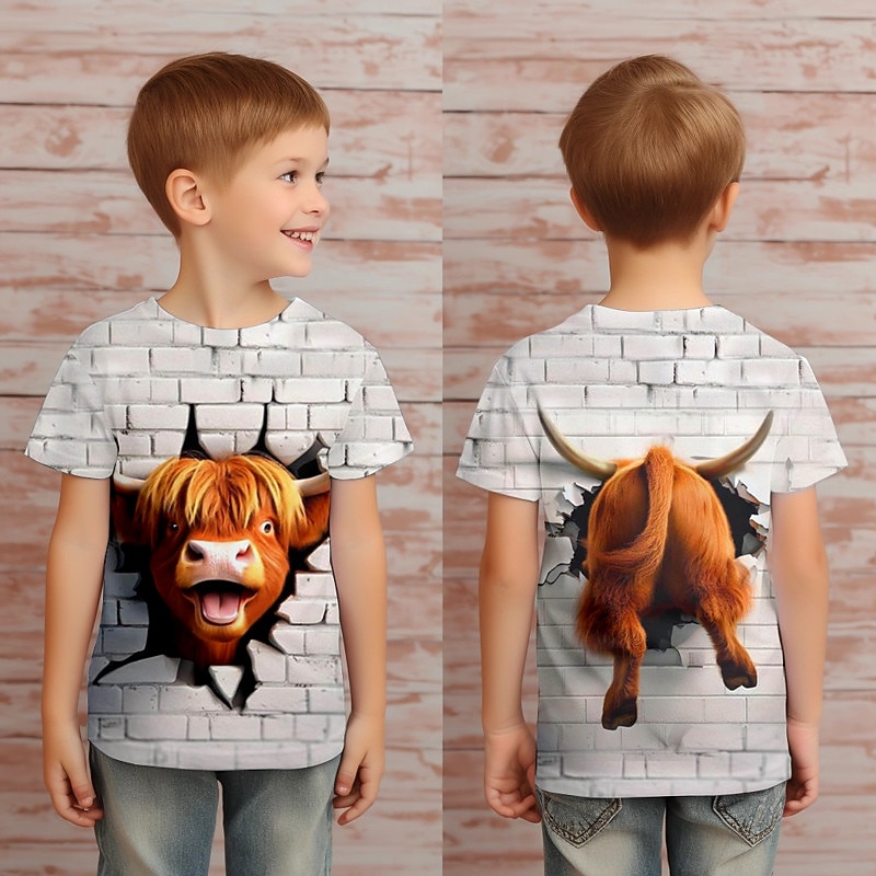 Boys 3D Cartoon Cows Tee Shirts Short Sleeve 3D Print Summer Active Sports Fashion Kids 3-12 Years Crew Neck Outdoor Casual Daily Regular Fit