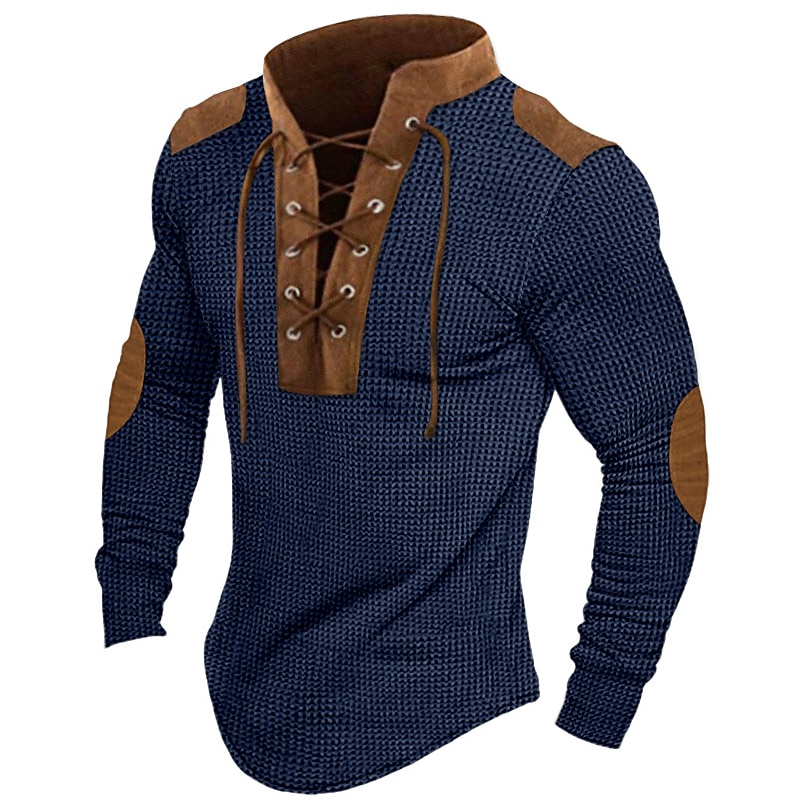 Men's T Shirt Waffle Knit Tee Tee Top Long Sleeve Shirt Long Sleeve Hooded Spring &  Fall Color Block Fashion Designer Basic Lace up Patchwork Vacation Street Going out Black Navy Blue khaki Top Tee
