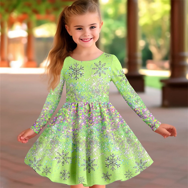 Girls' 3D Snowflake Dress Pink Long Sleeve 3D Print Spring Fall Vacation Sports & Outdoor Daily Cute Casual Beautiful Kids 3-12 Years Casual Dress A Line Dress Above Knee Regular Fit3
