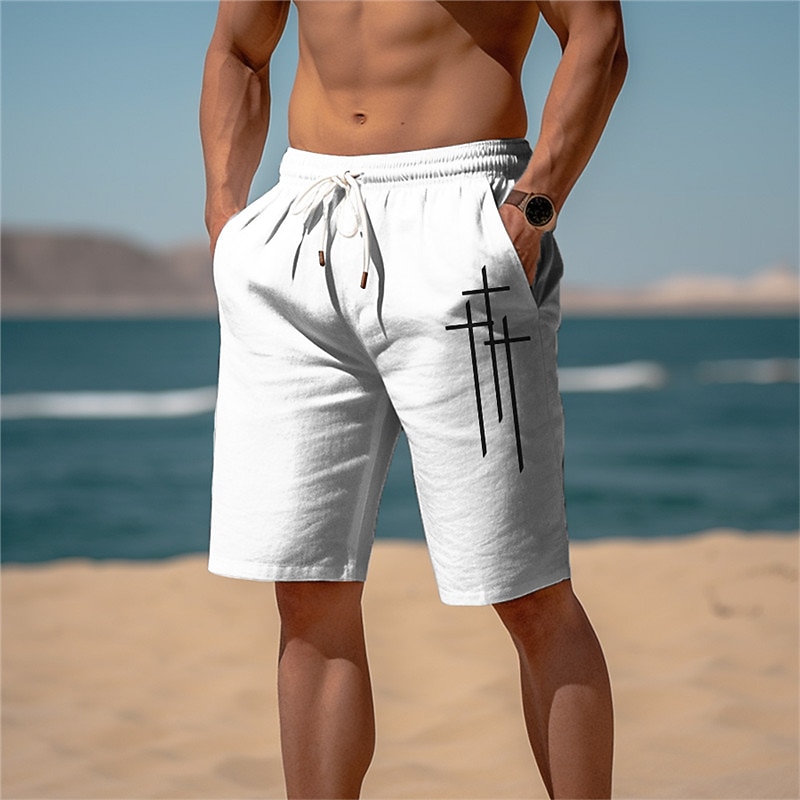 Men's Graphic Prints Cross Linen Shorts Summer Shorts Beach Shorts Mid Waist Streetwear Designer Casual Daily Holiday Drawstring Elastic Waist Print Designer Clothing Apparel