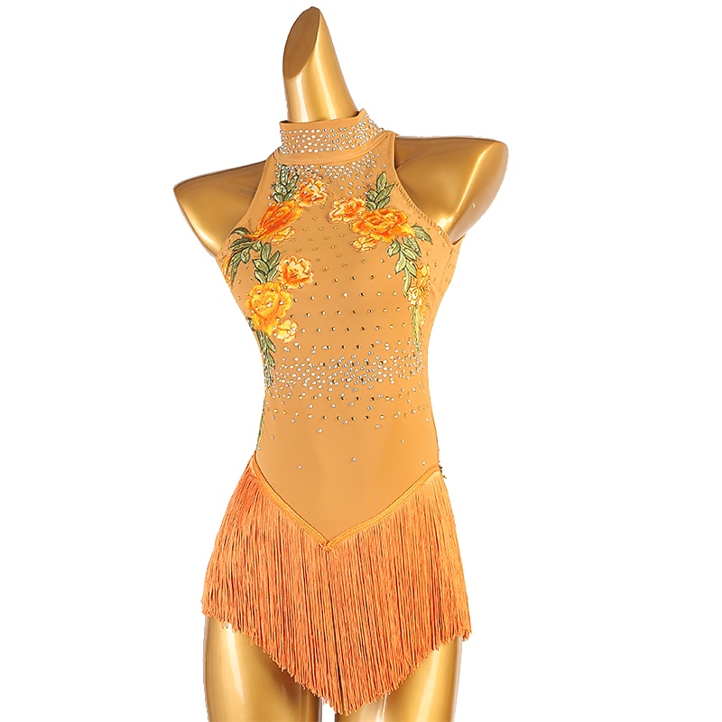 Figure Skating Dress Women's Girls' Ice Skating Dress Orange Patchwork Open Back Mesh High Elasticity Training Competition Skating Wear Classic Sleeveless Ice Skating Figure Skating3