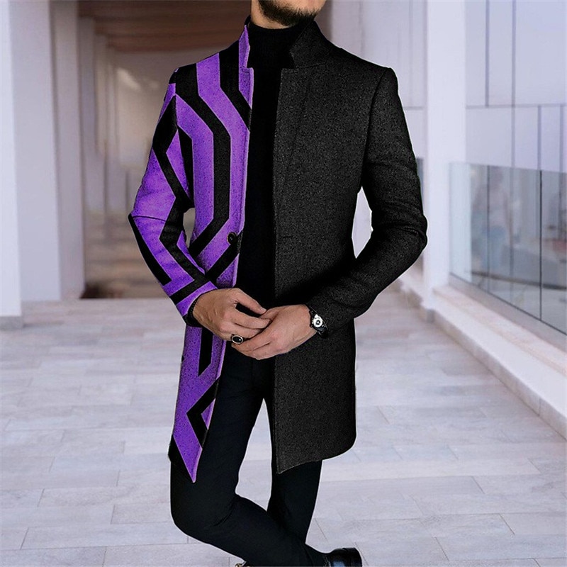 Men's Plaid Geometry Winter Coat Overcoat Coat Warm Comfortable Breathable Fashion Streetwear Business Work Wear to work Going out Pocket Print Fall & Winter Turndown Long Sleeve Blue Purple khaki3