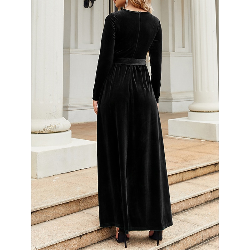 Women's Black Dress Velvet Dress Prom Dress Lace up Crew Neck Long Sleeve Winter Dress Black Wine Fall Winter3