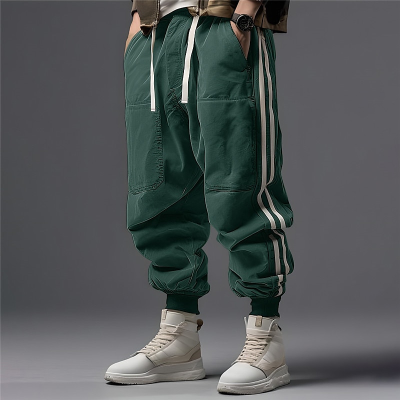 Men's Double Knee Pants Sweatpants Joggers Trousers Patchwork Drawstring Elastic Waist Color Block Stripe Comfort Breathable Casual Daily Holiday Sports Fashion Black Dark Green2