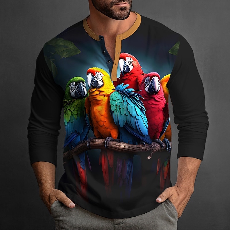Men's Graphic Parrot Henley Shirt Long Sleeve 3D Print Fashion Daily Casual Casual Holiday Going out Spring &  Fall Red Blue Dark Green Green Dark Blue Henley Henley T-Shirt4