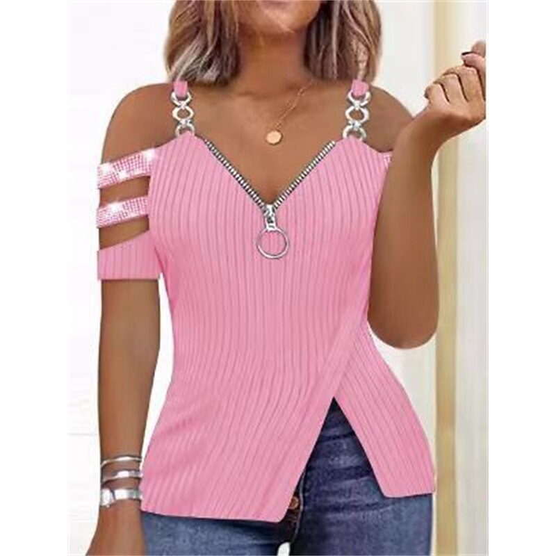 Shirt Blouse Women's Black Pink Red Sparkly Sequins Cut Out Casual Fashion V Neck Regular Fit S2