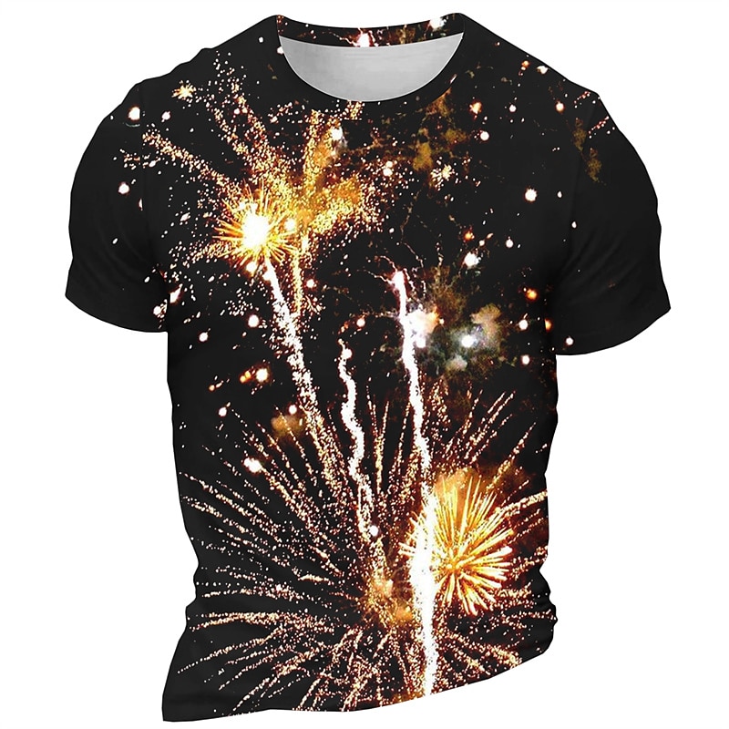 Men's Graphic Fireworks T Shirt Short Sleeve T shirt 3D Print Crew Neck Shirt Daily Designer Retro Vintage Carnival Sports Outdoor Holiday Black Red Navy Blue Spring & Summer Clothing Apparel S M L3