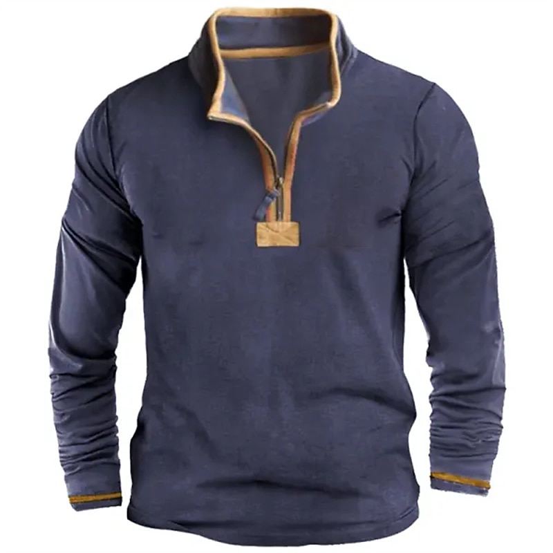 Men's T Shirt Quarter Zip Tee Tee Top Long Sleeve Shirt Long Sleeve Quarter Zip Spring &  Fall Color Block Vintage Designer Basic Pocket Vacation Street Going out Navy Blue Top Tee for Men