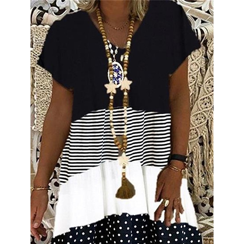 Women's Casual Dress T Shirt Dress Tee Dress Polka Dot Stripe Print V Neck Midi Dress Vacation Short Sleeve Summer2
