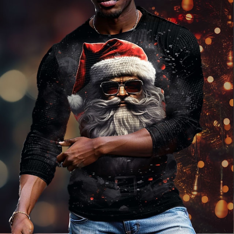 Christmas Men's Santa Claus 3D T-shirts Graphic Santa Claus Designer Retro Vintage Casual 3D Print Tee Waffle Sports Outdoor Holiday Going out Black Dark Gray Long Sleeve Crew Neck Spring