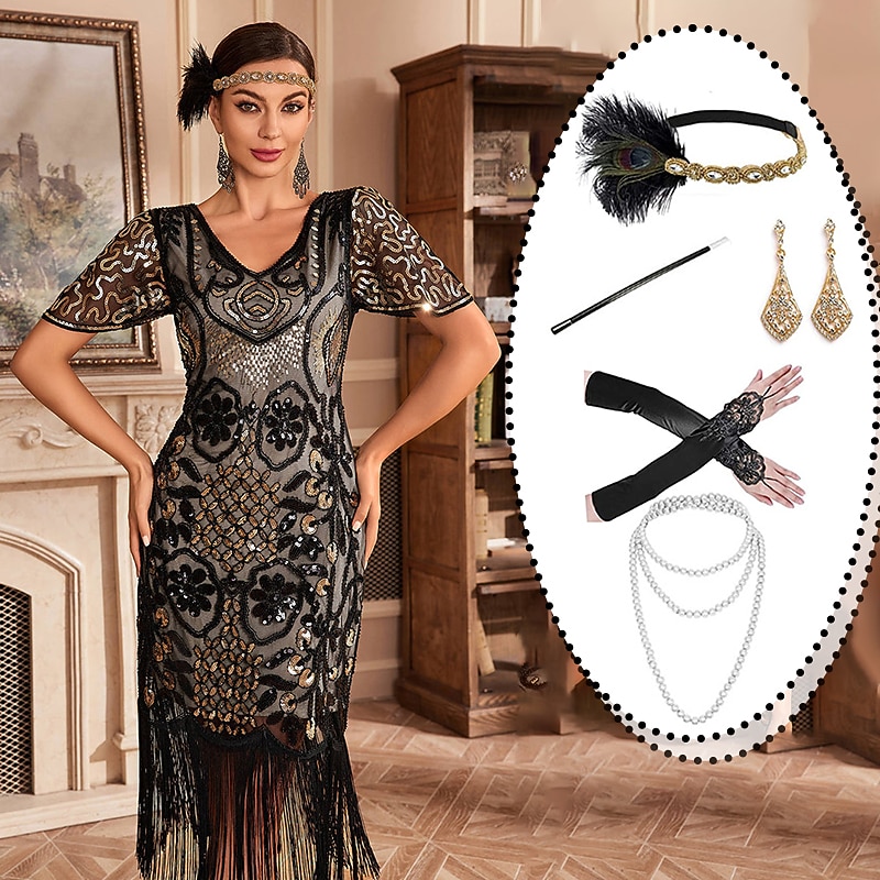 Set with Flapper Dress Feather Headband Long Opera Gloves Necklace Earings Cigarette Holder Women's Roaring 20s 1920s Flapper Girl Cocktail Masquerade Outfits The Great Gatsby Costume