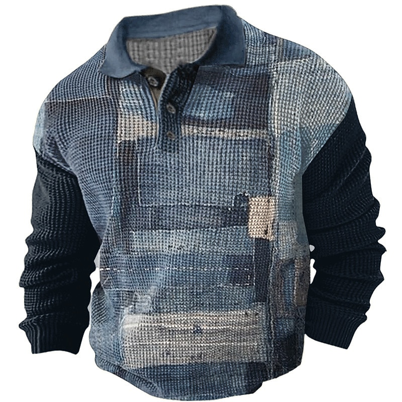 Men's Plaid Waffle Polo Shirts Golf Shirt Long Sleeve Polo Shirts Collared Shirts Vintage Casual Vacation Wear Formal Wear Festival Wear Buttons 3D Print Fall & Winter Black Blue Brown