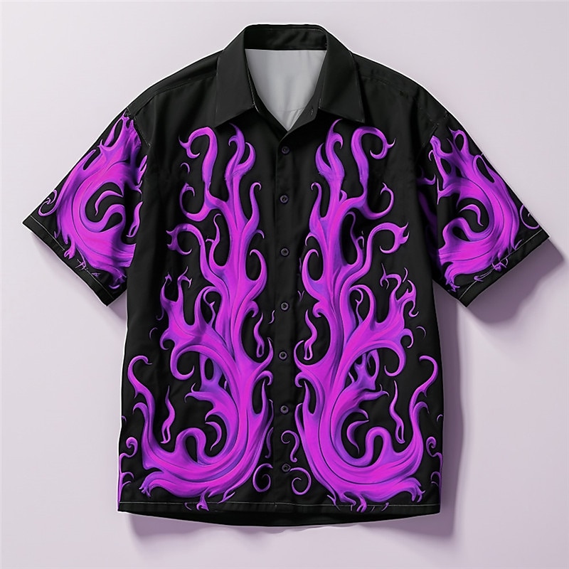 Men's Flame Shirt Button Up Shirt Short Sleeve Casual Daily Wear Going out Weekend Autumn / Fall Turndown Print Button-Down Yellow Purple Green3