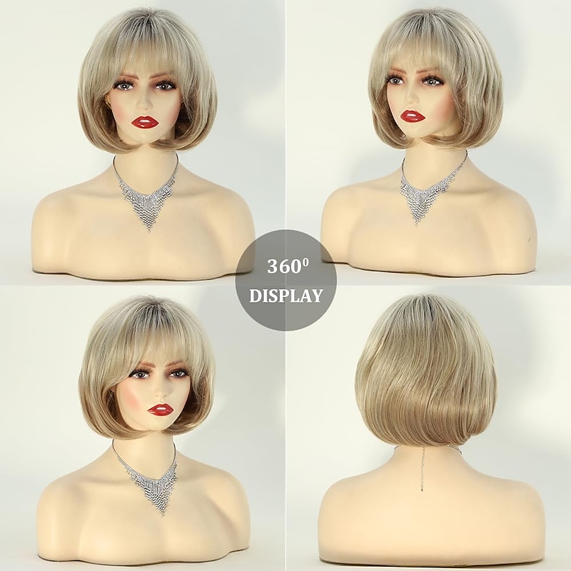 Short Blonde Wigs with Bangs for White Women Ombre Blonde Mixed Brown Wavy Bob Wig Synthetic Layered Natural Looking Short Hair Wigs for Old Lady Daily Party Wigs4