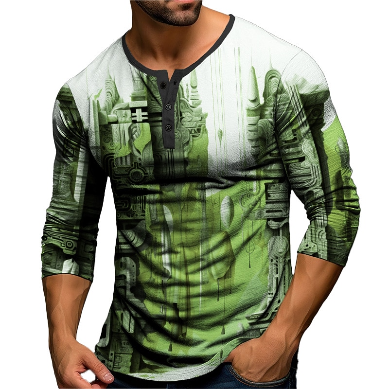 Men's Halloween Graphic Building Henley Shirt Long Sleeve 3D Print Fashion Daily Casual Casual Holiday Going out Spring &  Fall Red Blue Orange Green Henley Henley T-Shirt4