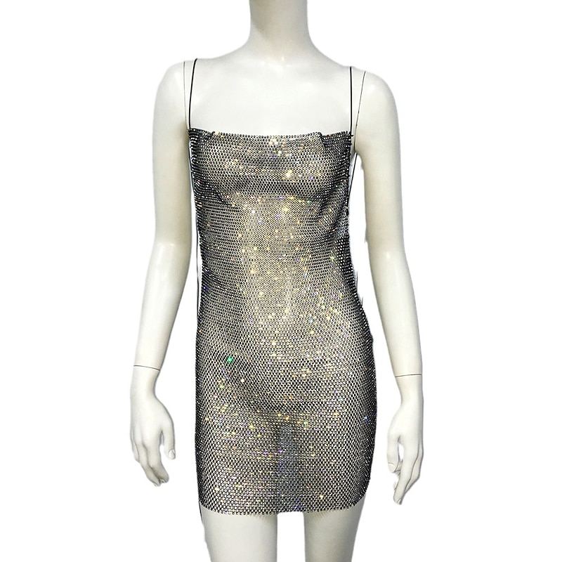 Metallic Backless Sparkle Mini Dress Sheer Mesh Rhinestone Cover Up Disco Solid Color Fancy Dress Women's Party Club Adults' Dress Summer2