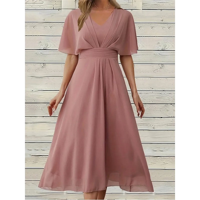 Women's Midi Dress Casual Dress Cocktail Dress Wedding Guest Dress Chiffon Dress Elegant Streetwear A Line Vacation Work Street Regular Fit Short Sleeve V Neck Pink Summer