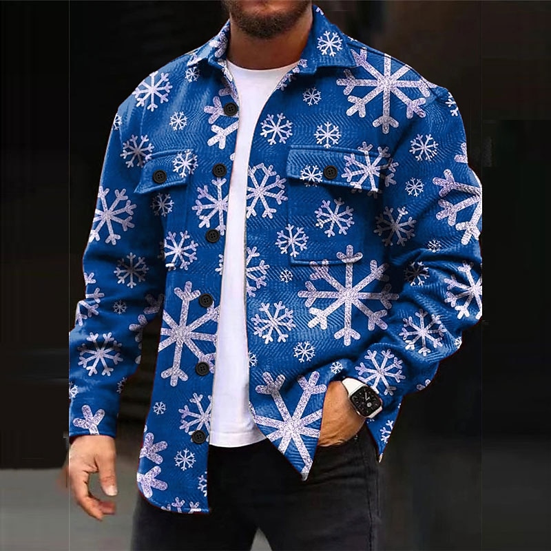 Christmas Men's Christmas Scene Printed Shirts Shirts Snowflake Casual ShirJacket Shacket Outdoor Street Fall & Winter Turndown Long Sleeve Burgundy S M L4