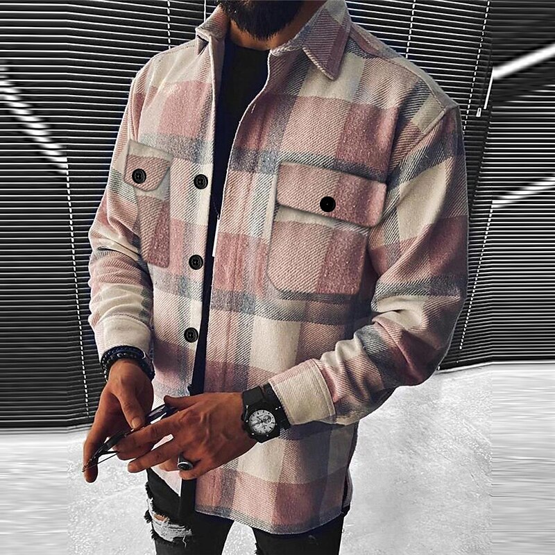 Men's Plaid Geometric Pattern Shirt Jacket Overshirt Long Sleeve Fashion Going out Weekend Fall & Winter Turndown Print Pink Blue Sky Blue Vivid Pink Orange4