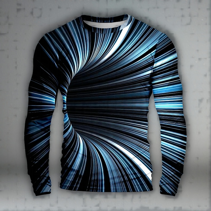 Men's Graphic Optical Illusion Visual Deception Streamer Long Sleeve T shirt 3D Print Crew Neck Shirt Daily Artistic Casual Party Casual Holiday Blue Green Spring &  Fall Clothing Apparel Normal S M