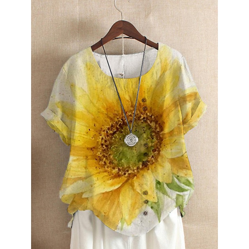 Women's T Shirt Sunflower Fashion Linen Like Short Sleeve Round Neck Regular Tops Holiday Weekend Buttons Print Yellow Summer