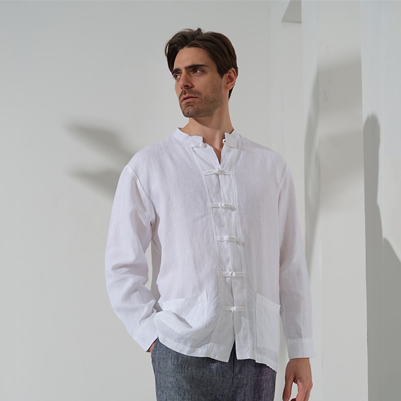 100% Linen Pocket Men's Shirt Linen Shirt Black White Navy Blue Long Sleeve Plain Standing Collar Spring & Fall Outdoor Daily Clothing Apparel