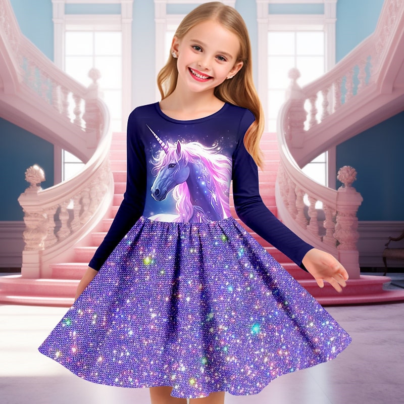 Girls' 3D Unicorn Dress Pink Long Sleeve 3D Print Spring Fall Vacation Sports & Outdoor Daily Cute Casual Beautiful Kids 3-12 Years Casual Dress A Line Dress Above Knee Regular Fit2