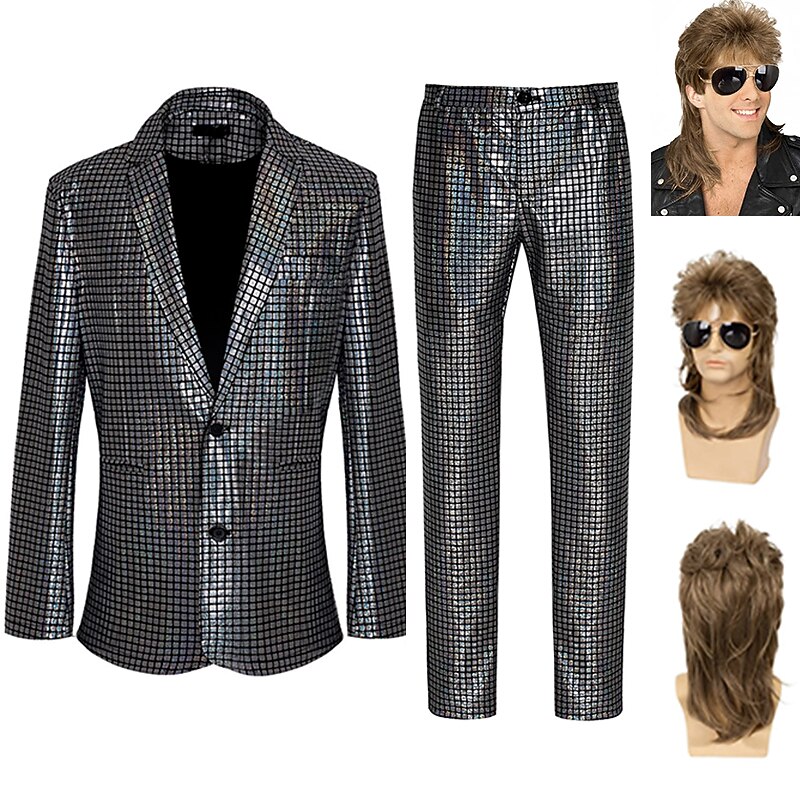 Set with Metallic Suits & Blazers Pants & Trousers Mullet Wigs 3 PCS 1980s Disco Rock Star Outfits Men's Abba Cosplay Costume Masquerade Performance Party Club4