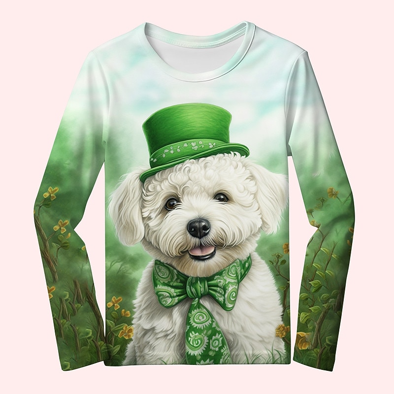St. Patrick Girls' 3D Dog Tee Shirt Long Sleeve 3D Print Spring Fall Active Fashion Cute Polyester Kids 3-12 Years Crew Neck Outdoor Casual Daily Regular Fit