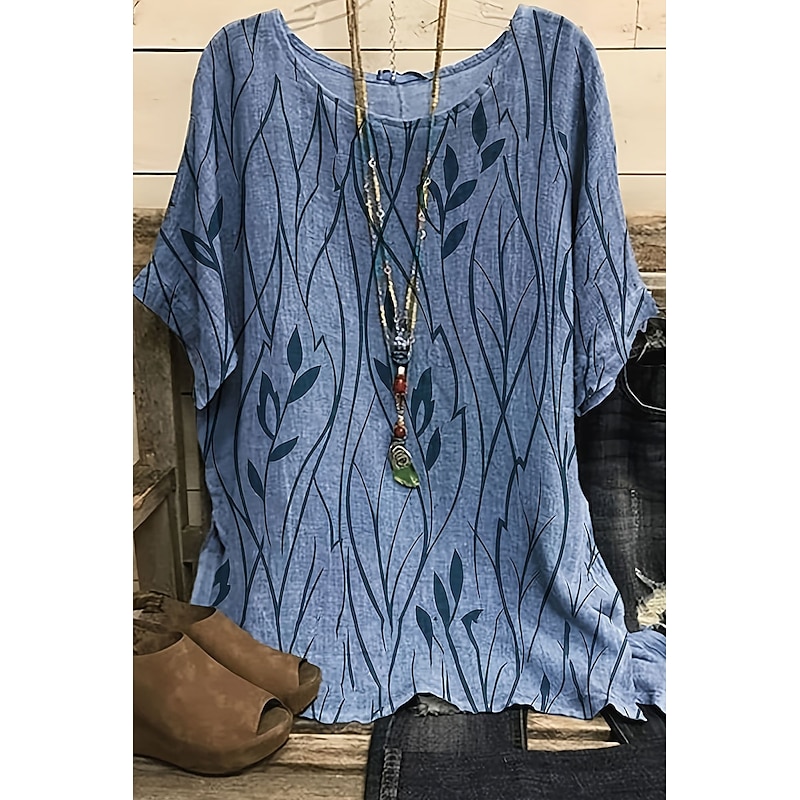 Women's Shirt Boho Shirt Blouse Fashion Print Short Sleeve Regular Tops Round Neck Casual Holiday Yellow Pink Blue Green Summer