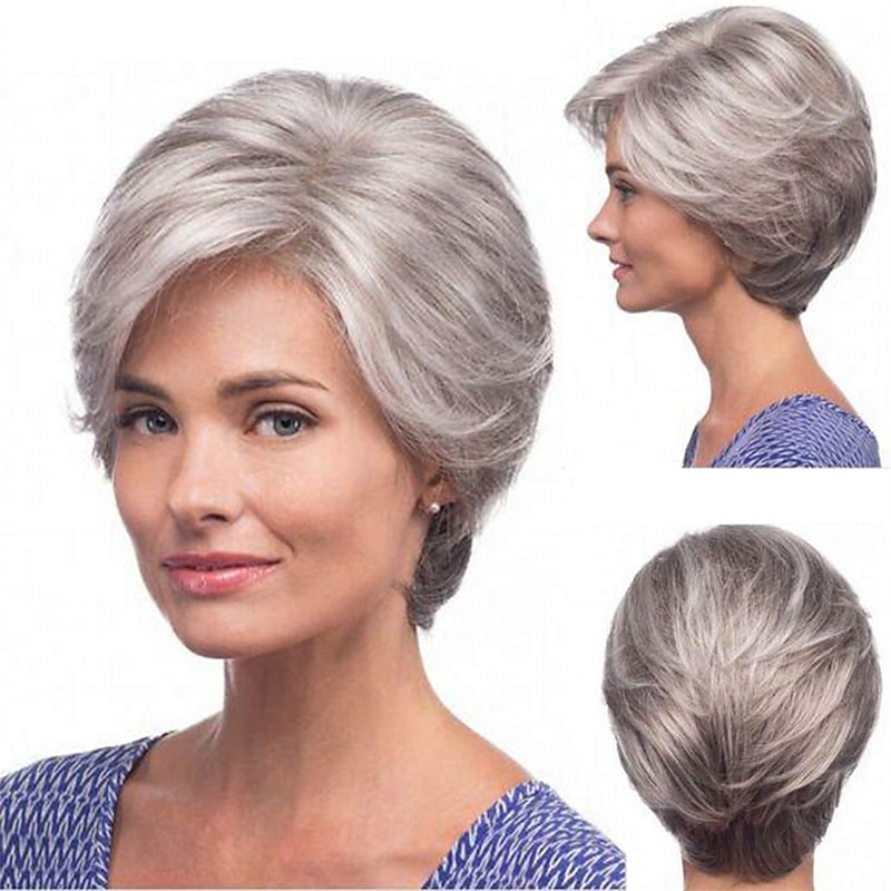 Short Gray Wigs for White Women Layered Mixed Grey Pixie Cut Wigs Short Wavy Silver Wigs Natural Synthetic Hair Wigs for Older Women