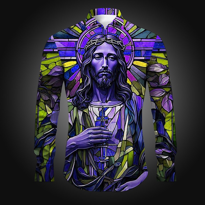 Men's Mixed Color Jesus Shirt Button Up Shirt Long Sleeve Artistic Abstract Daily Wear Going out Spring Turndown Print Button-Down Yellow Blue Purple Fuchsia Orange4