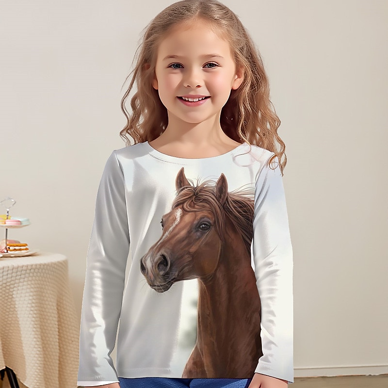 Girls' 3D Horse Tee Shirt Long Sleeve 3D Print Spring Fall Active Fashion Cute Polyester Kids 3-12 Years Crew Neck Outdoor Casual Daily Regular Fit