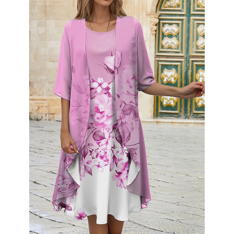 Women's Graduation Dress Midi Dress Wedding Guest Cocktail Dress Chiffon Date Casual  Elegant Two Piece Dress Set Spring Crew Neck Half Sleeve Floral Loose Fit Pink Blue Purple2